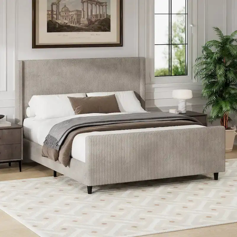 Queen Size Platform Bed Taupe Corduroy Fabric Wingback Bed