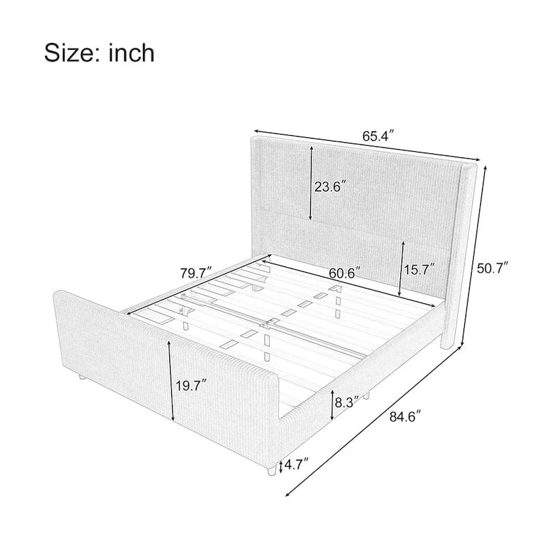 Κρεβάτι πλατφόρμας Queen Size με υφασμάτινη επένδυση κοτλέ σε ταμπά χρώμα και κεφαλάρι τύπου wingback