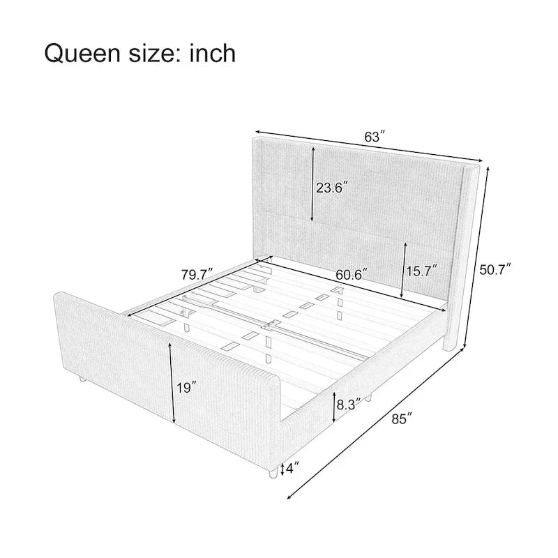 Κρεβάτι πλατφόρμας Queen Size με υφασμάτινη επένδυση κοτλέ σε ταμπά χρώμα και κεφαλάρι τύπου wingback