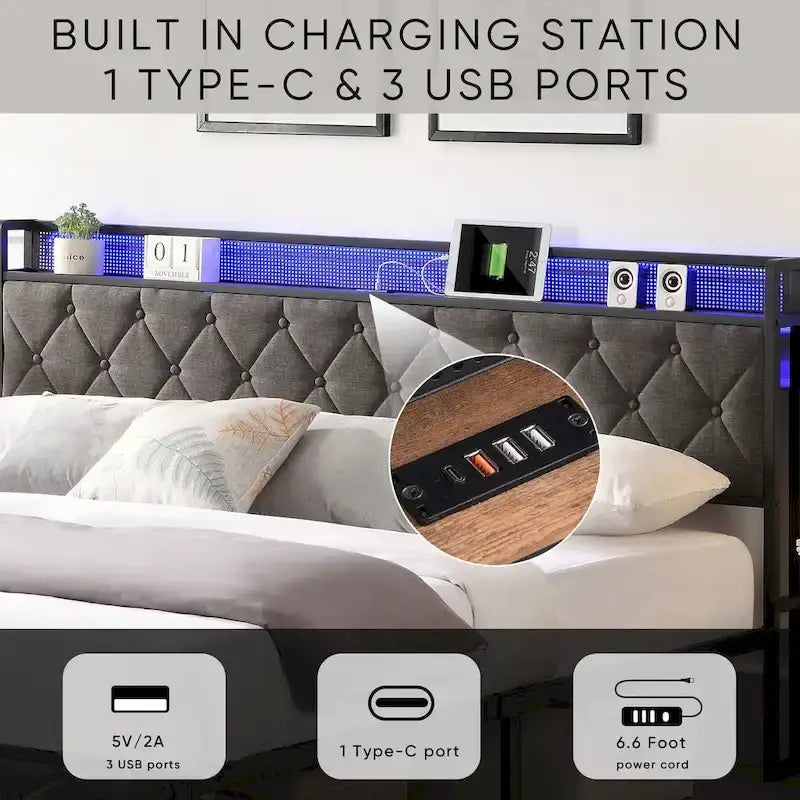 Upholstered Bed Frame with Storage Headboard, Charging Station and LED Lights