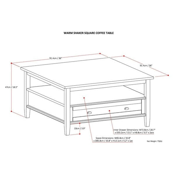 Solid Wood 36 inch Wide Square Transitional Coffee Table