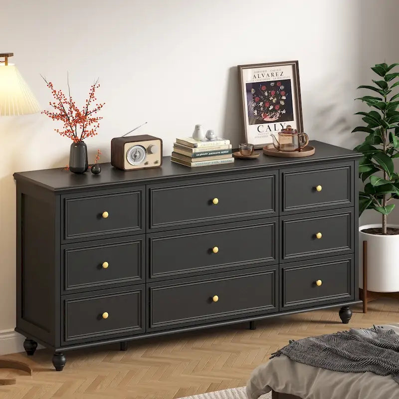 White 9-Drawer Wood Dresser with Gold Handles