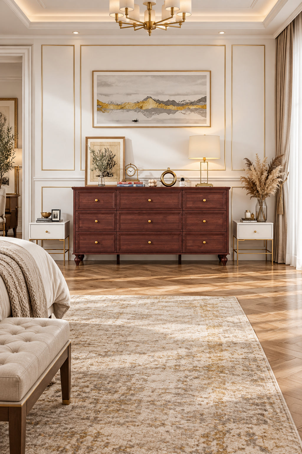 White 9-Drawer Wood Dresser with Gold Handles