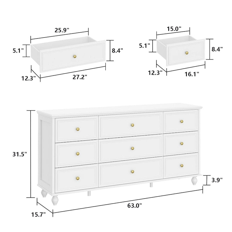 Weiße Holzkommode mit 9 Schubladen und goldenen Griffen