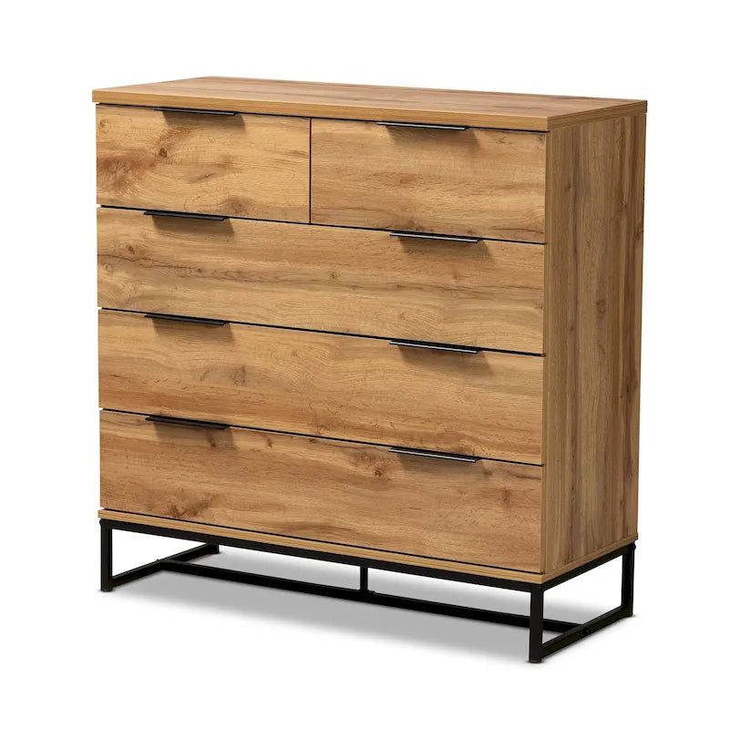 Oak Finish 5-Drawer Bedroom Chest with Black Metal Legs