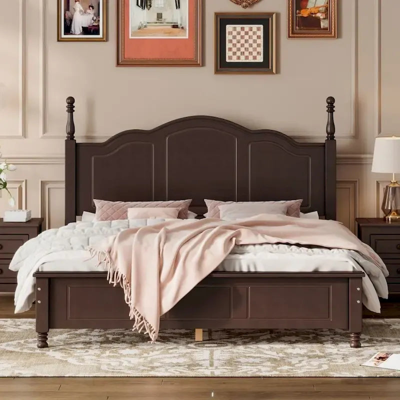 Queen Size Wood Platform Bed Frame, Retro Style Platform Bed