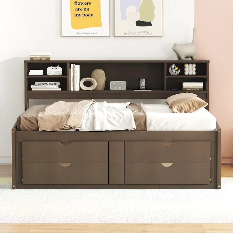 Full Size Wood Daybed with 2 Bedside Cabinets, Upper Shelves and 4 Drawers, Antique Brown