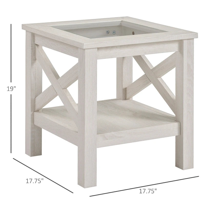Traditioneller Beistelltisch mit Holzgestell, Tischplatte aus gehärtetem Glas und darunterliegendem Ablageboden, Weißeiche