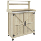 Potting Bench, Wooden Potting Table with Storage Cabinet with 2 Shelves, Garden Work Bench with Galvanized Plated Tabletop