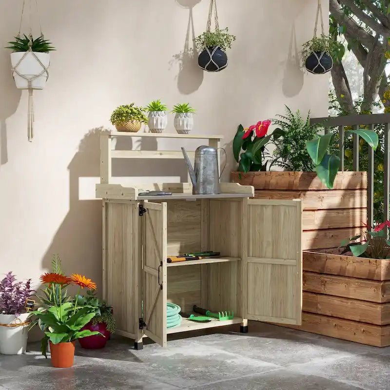 Potting Bench, Garden Work Bench with Galvanized Plated Tabletop