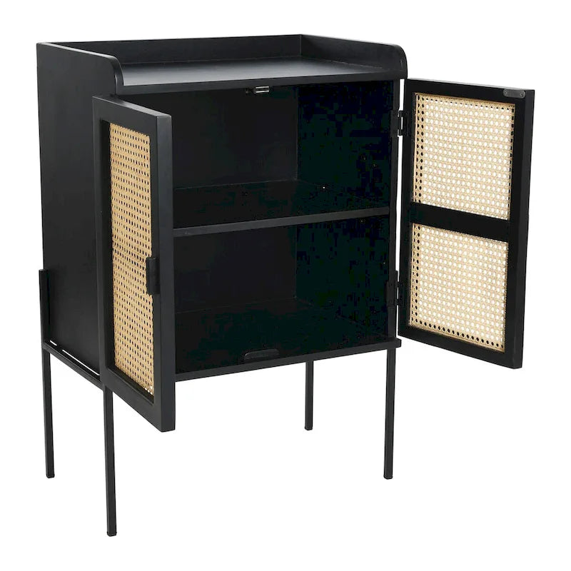 Barschrank aus Massivholz mit Metallbeinen und Türen aus geflochtenem Rohrgeflecht