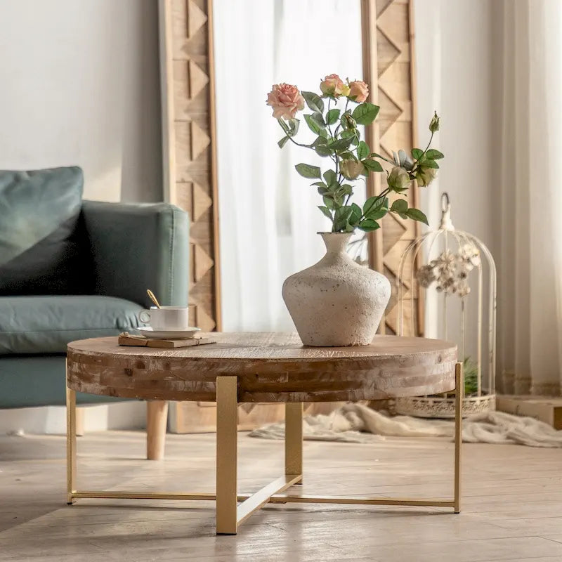31.29 Splicing Round Coffee Table, Fir Wood Table Top with Gold Cross Legs Base