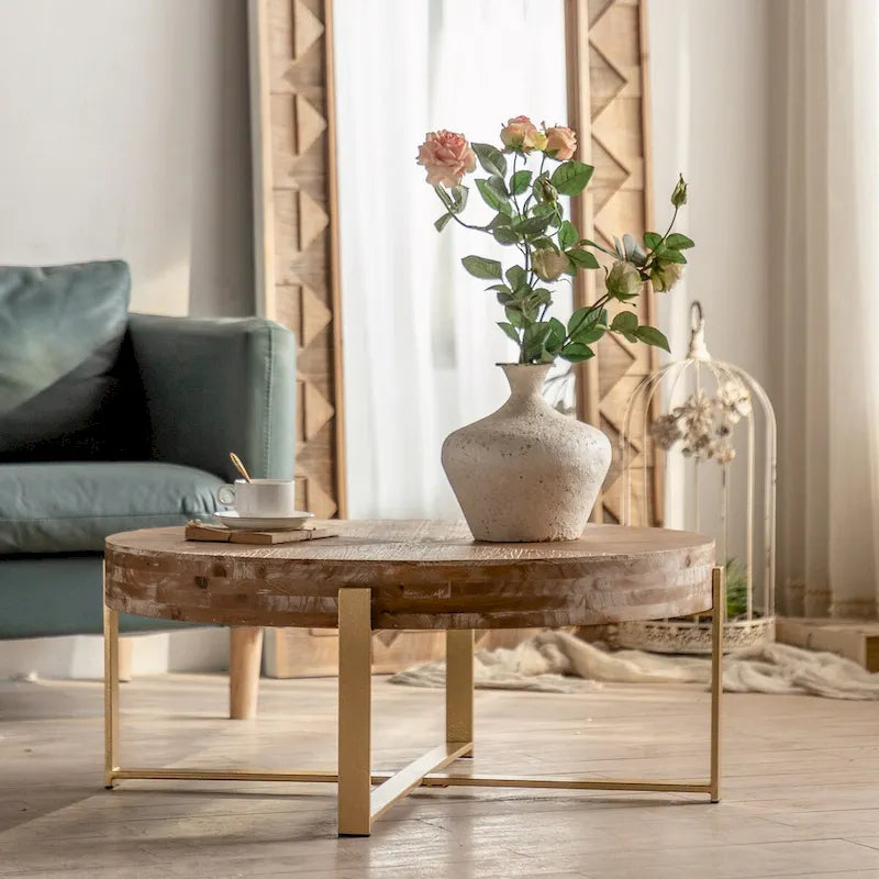 31.29 Splicing Round Coffee Table, Fir Wood Table Top with Gold Cross Legs Base
