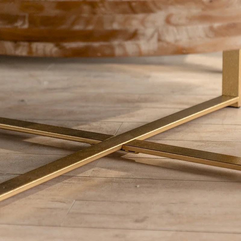 31.29 Splicing Round Coffee Table, Fir Wood Table Top with Gold Cross Legs Base