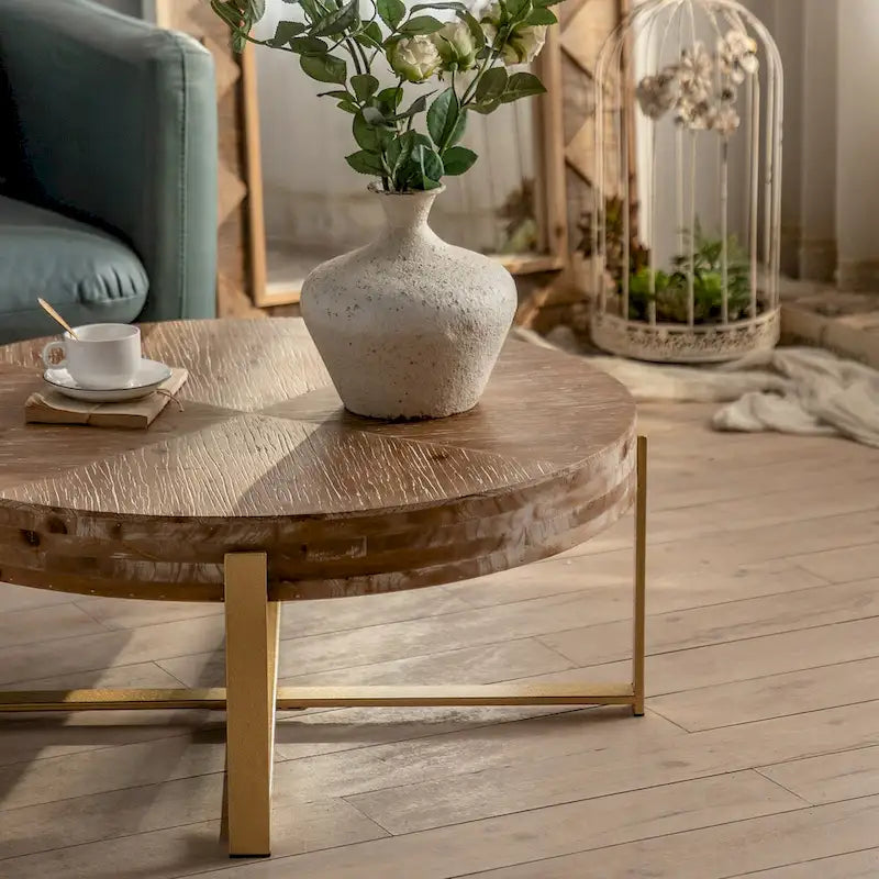 31.29 Splicing Round Coffee Table, Fir Wood Table Top with Gold Cross Legs Base