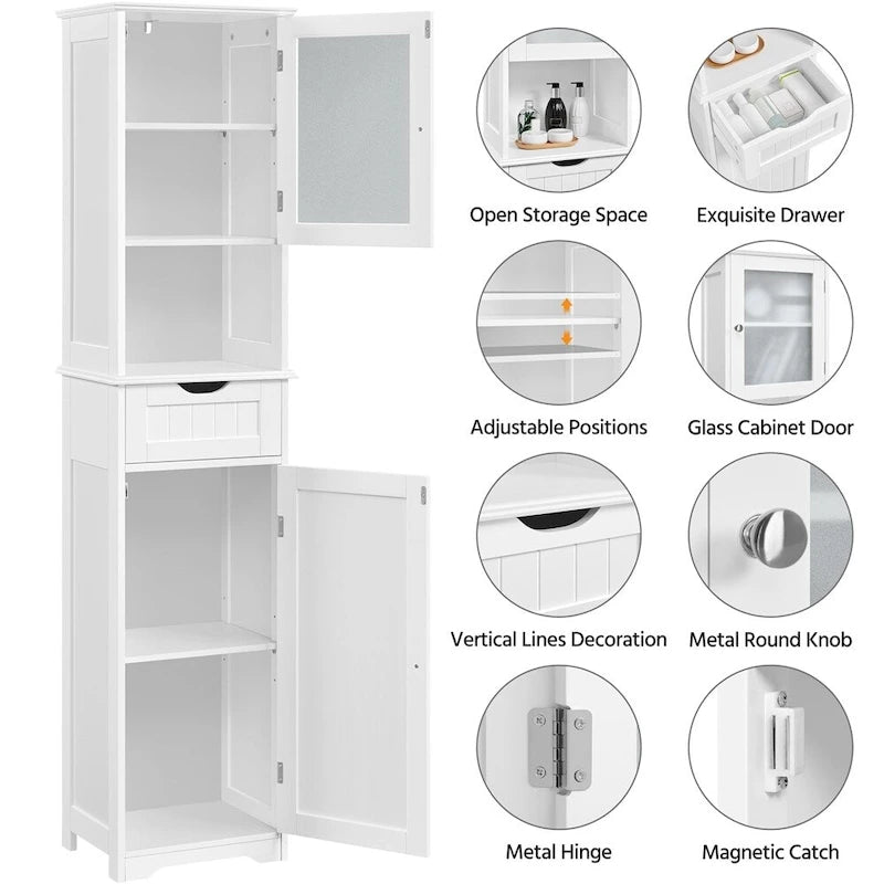 Freestanding Storage Cabinet Kitchen Cupboard with Glass Door, White
