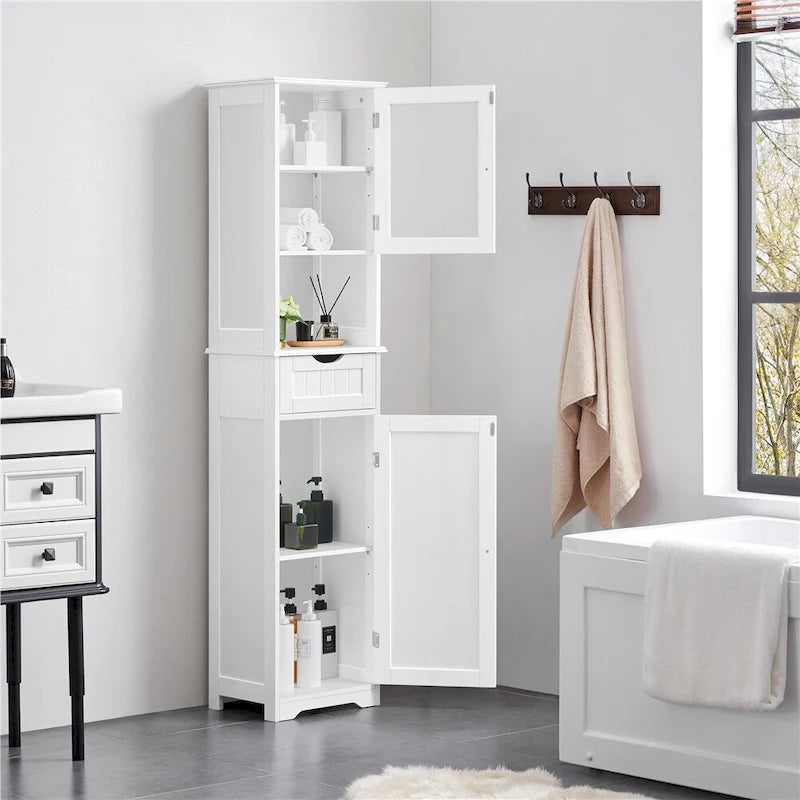 Freestanding Storage Cabinet Kitchen Cupboard with Glass Door, White