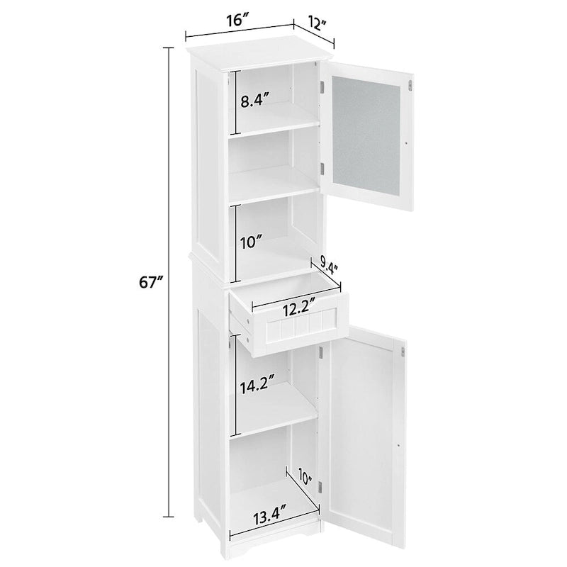 Freestanding Storage Cabinet Kitchen Cupboard with Glass Door, White